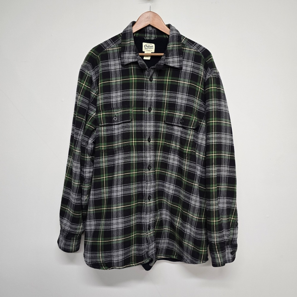 Orton Brothers Flannel Shirt Jacket Mens XL Green Plaid Cotton Fleece Lined Work